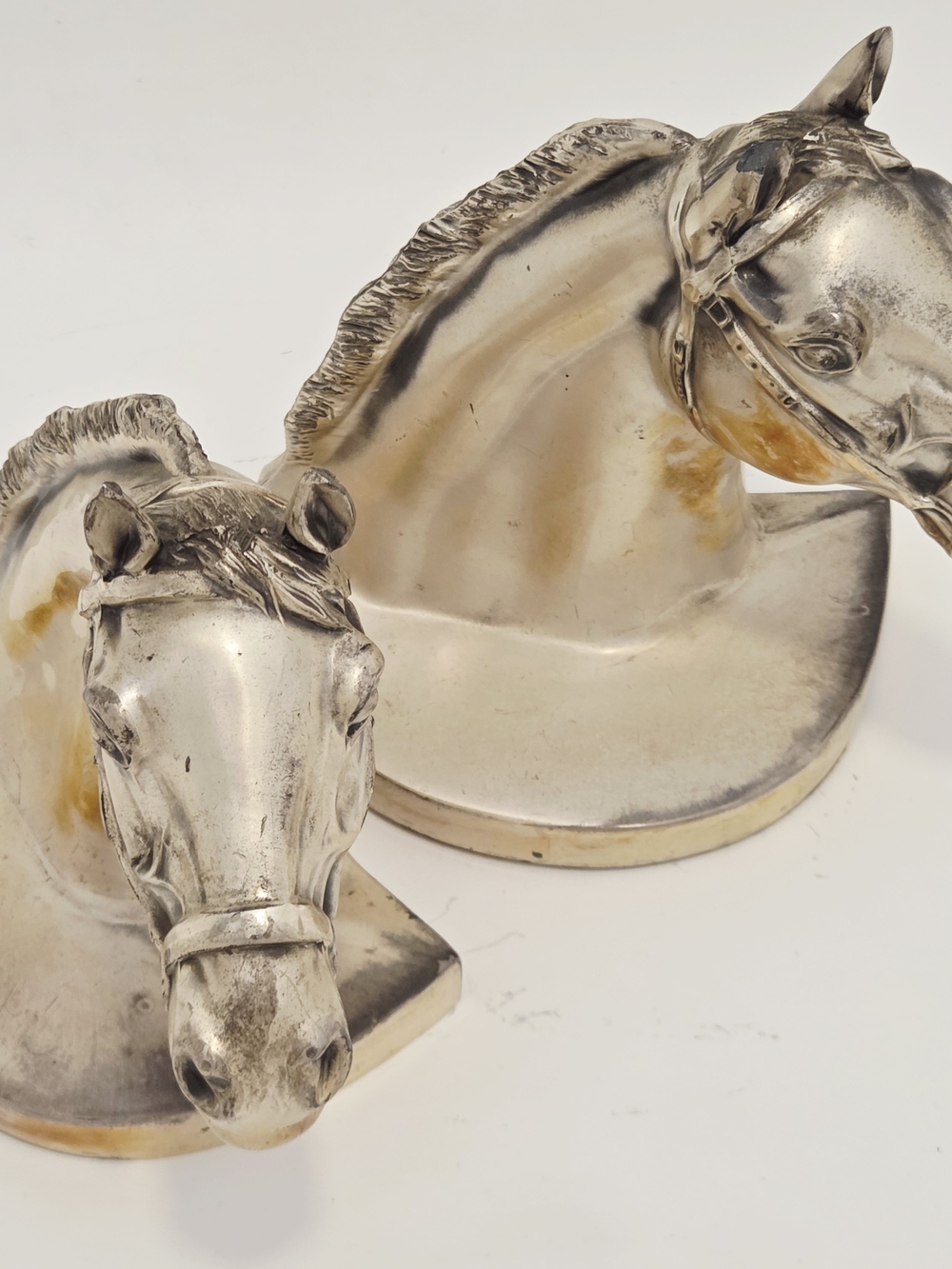 Vintage 1960s Hand Cast Metal Silver Horse Head Bookends
